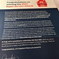 Award certificate congratulating Jr's Carpets & Floors on winning the 2023 Super Service Award.