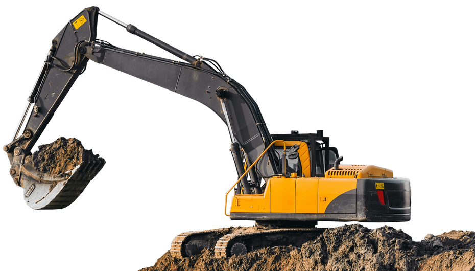 A yellow excavator is digging a pile of dirt on a white background.