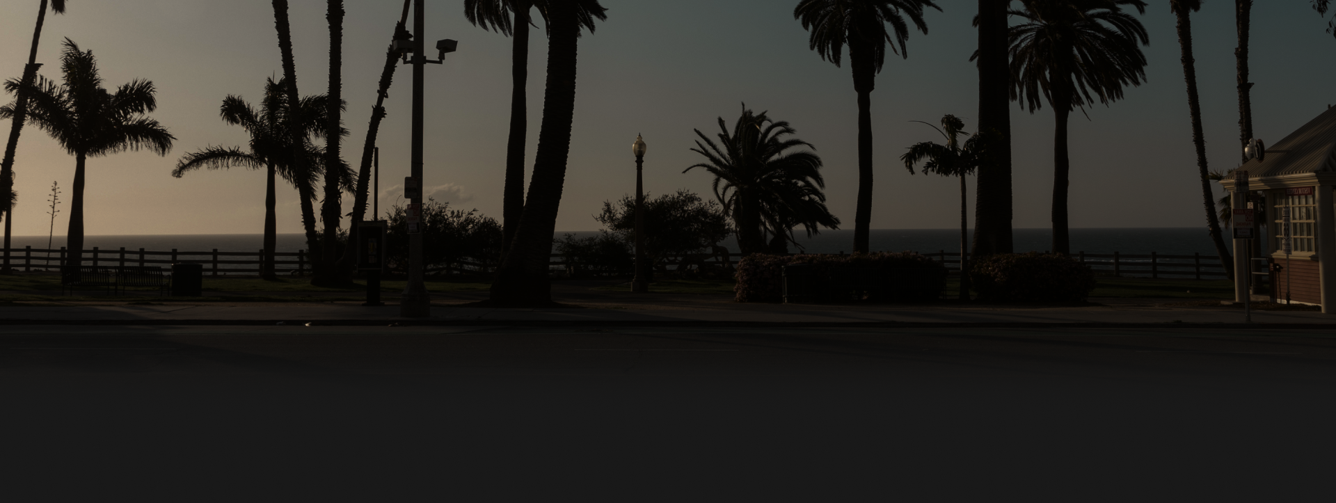 Silhouetted palm trees line a road at dusk; a beach and ocean visible in the background.