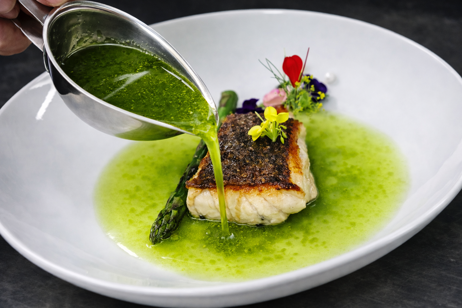 Market fish with caper cream, salsa verde and summer vegetables.