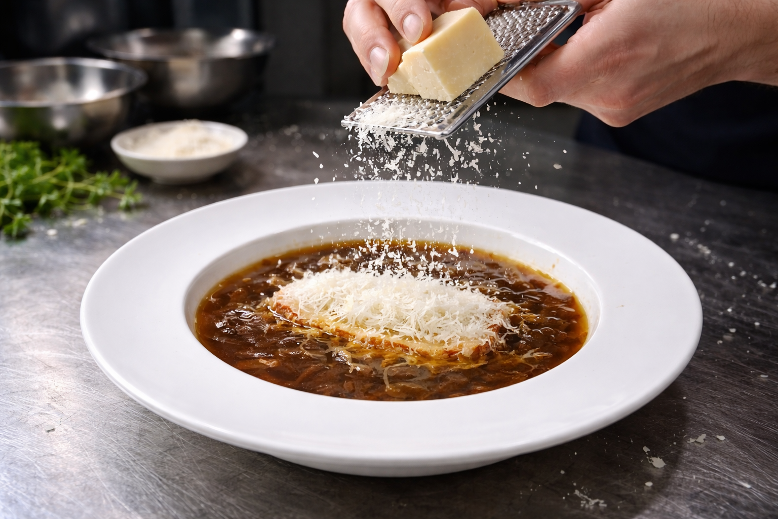 Traditional French onion soup with Gruyère, Parmesan and baguette.