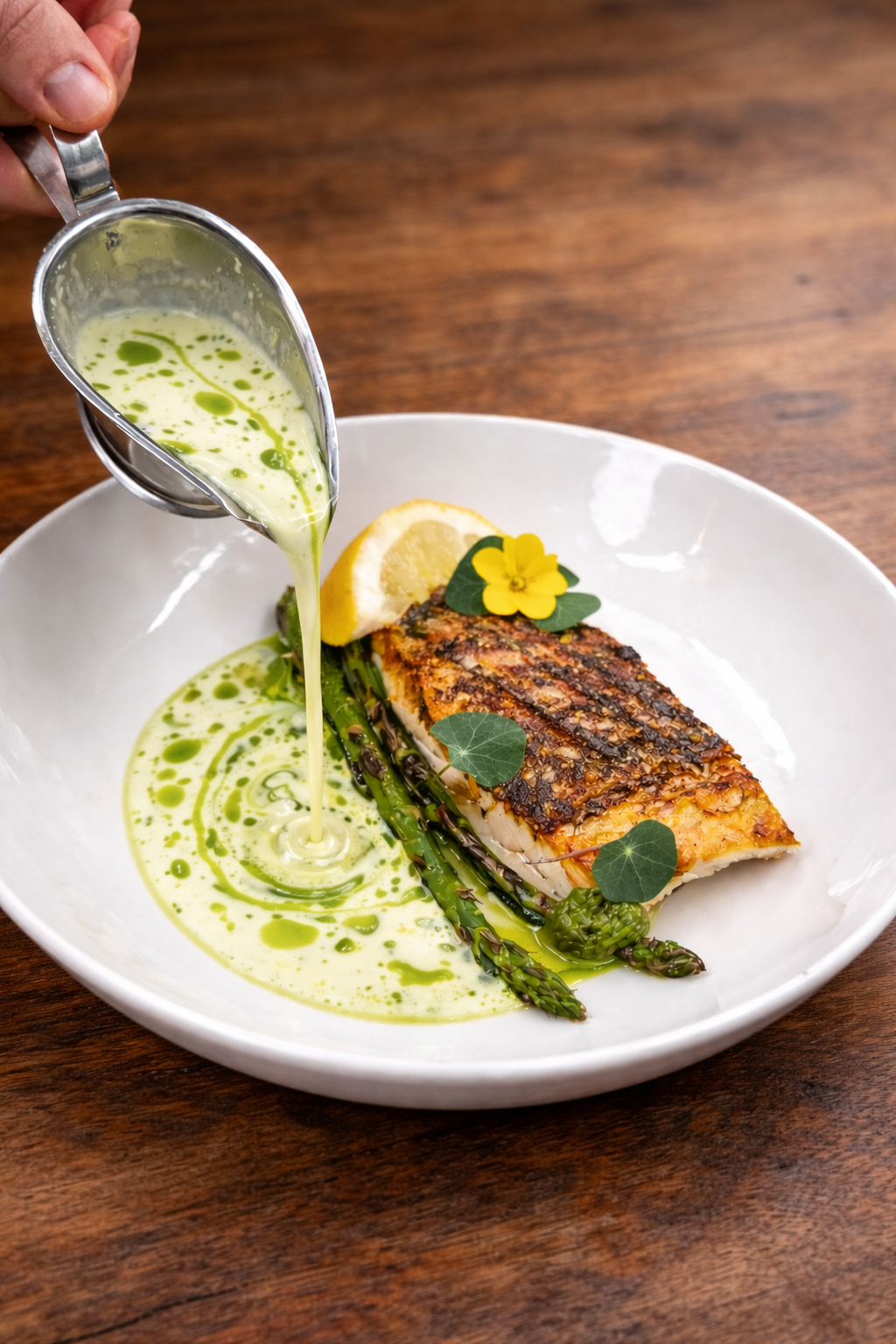 Market fish with caper cream, salsa verde and grilled asparagus.
