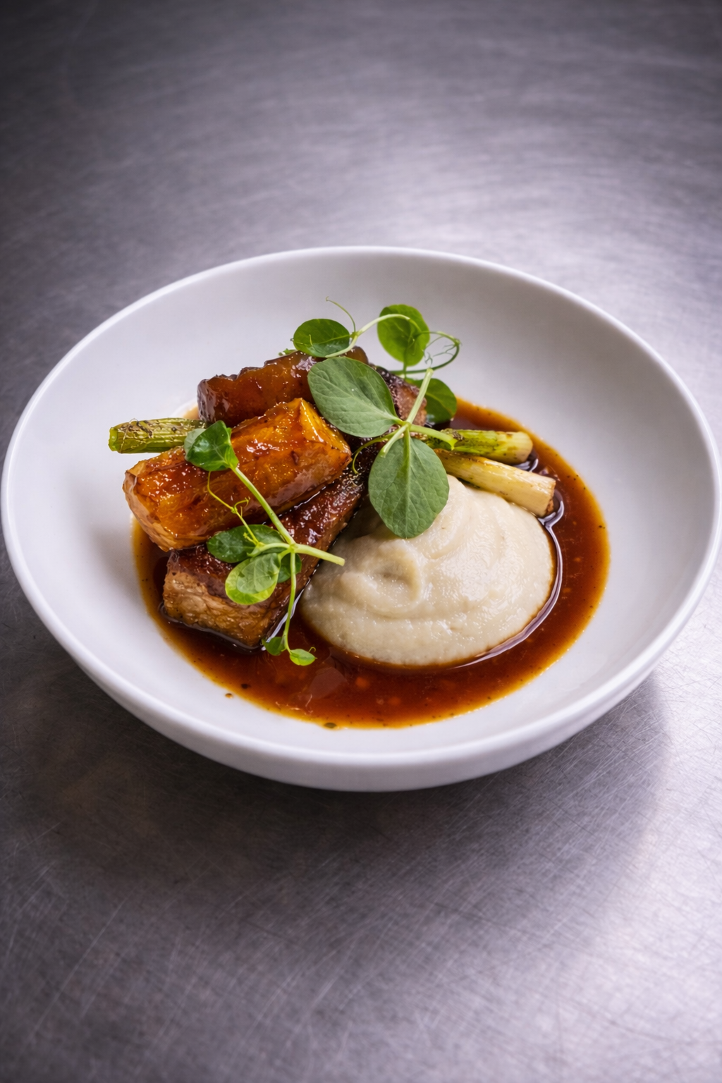 Joue de Porc Grillée — 45
Glazed pork jowl with celeriac, caramelised apple, and cauliflower purée. 
