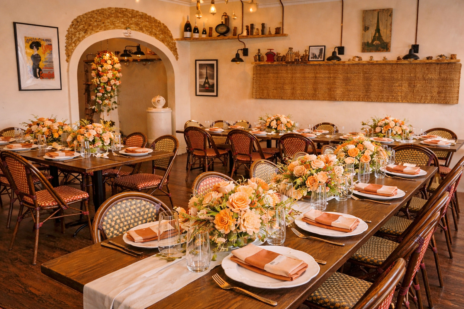 Elegant dining room with tables set for a meal, featuring floral centerpieces, wicker chairs, and decorative accents.