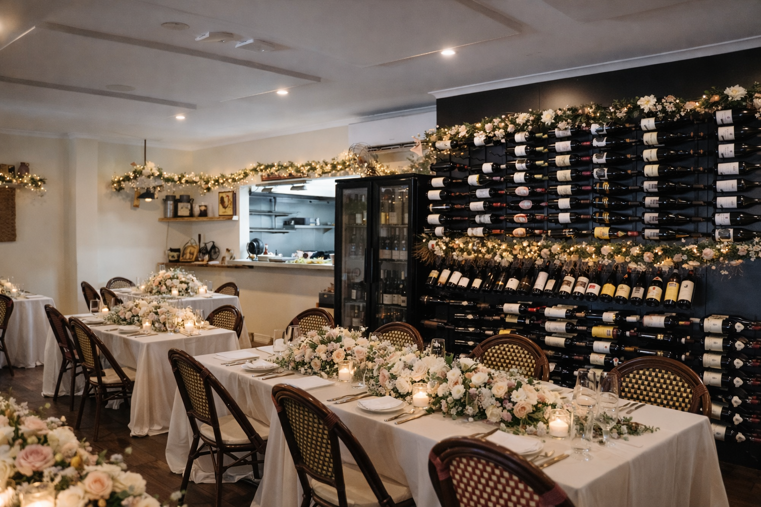 Restaurant dining room with tables set for a meal, decorated with flowers and fairy lights, wine bottles displayed.