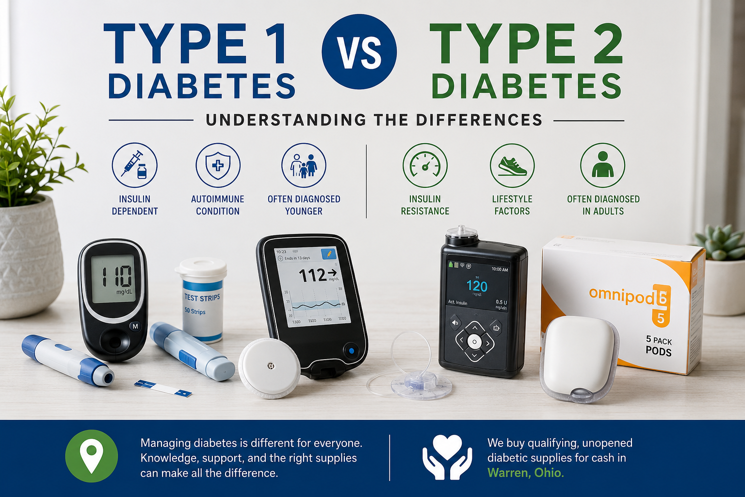 Infographic comparing Type 1 vs Type 2 diabetes with glucose monitors, pens, and test strips on a white table.