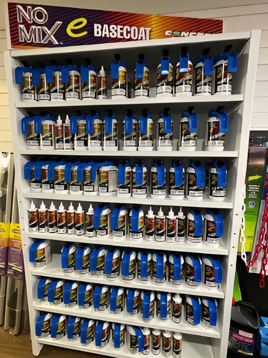 A Shelf Filled With Bottles Of No Mix Basecoat — Camden Haven Auto Parts In Laurieton, NSW