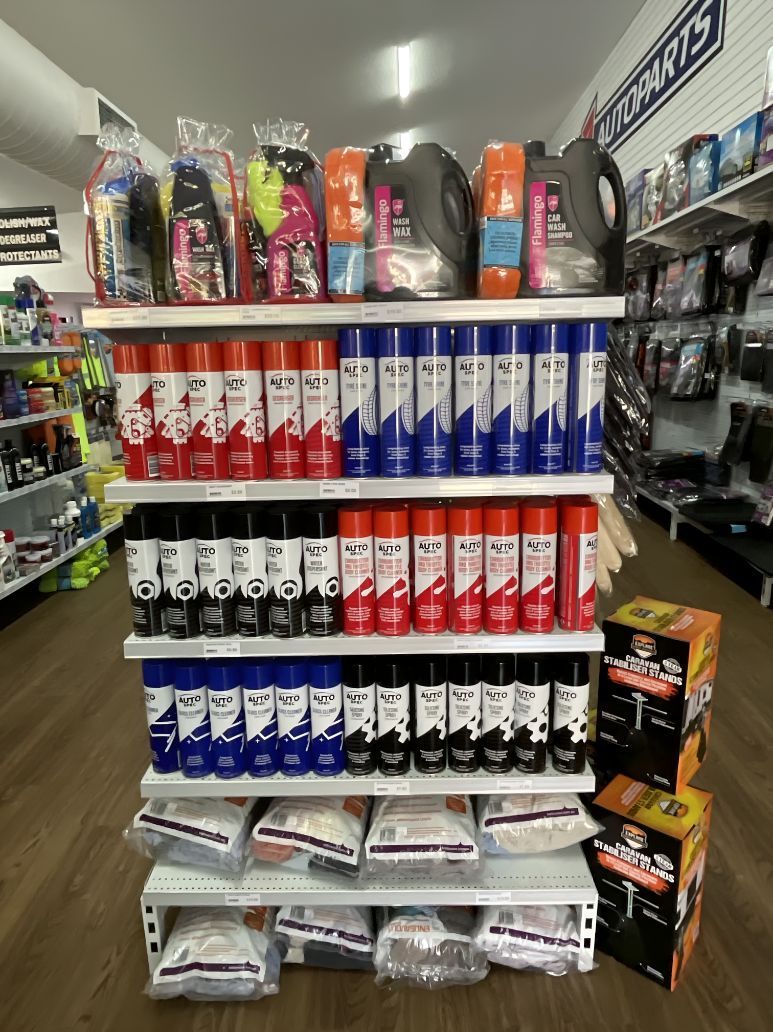 A Store Shelf Filled With A Variety Of Cleaning Products — Camden Haven Auto Parts In Lake Cathie, NSW