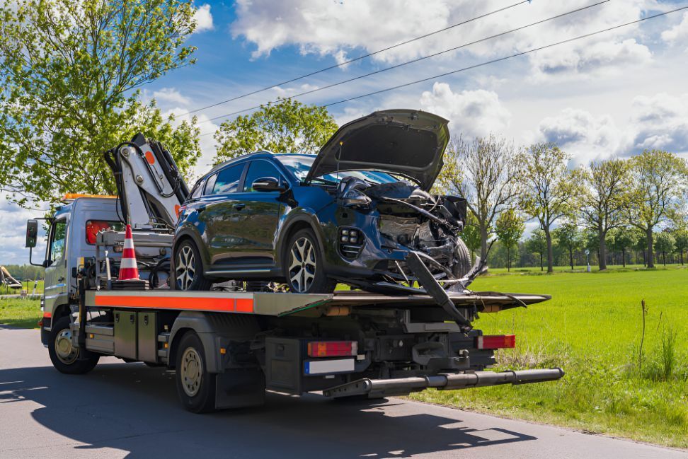 A Tow Truck Is Carrying A Damaged Car On The Back Of It — Camden Haven Auto Parts In Laurieton, NSW
