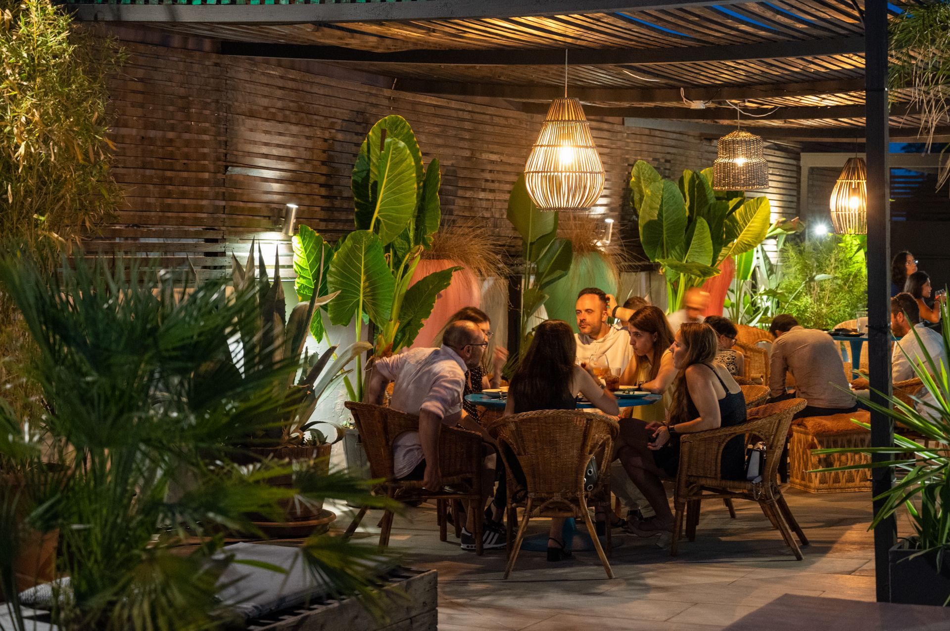 Patio esterno con sedie in vimini e tavolini da bistrot blu sotto una tettoia a doghe, circondato da rigogliose piante in vaso.