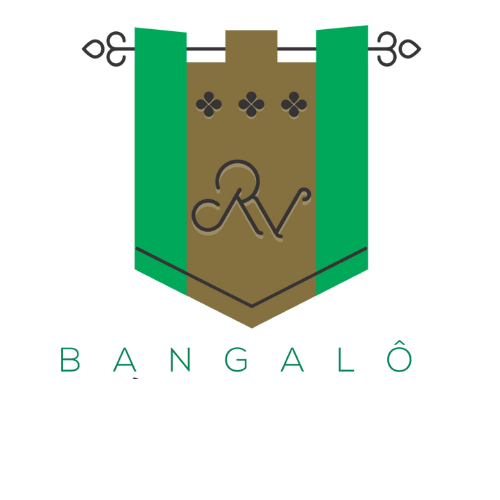 Um logotipo para uma empresa chamada Bangalo com um escudo verde e marrom.