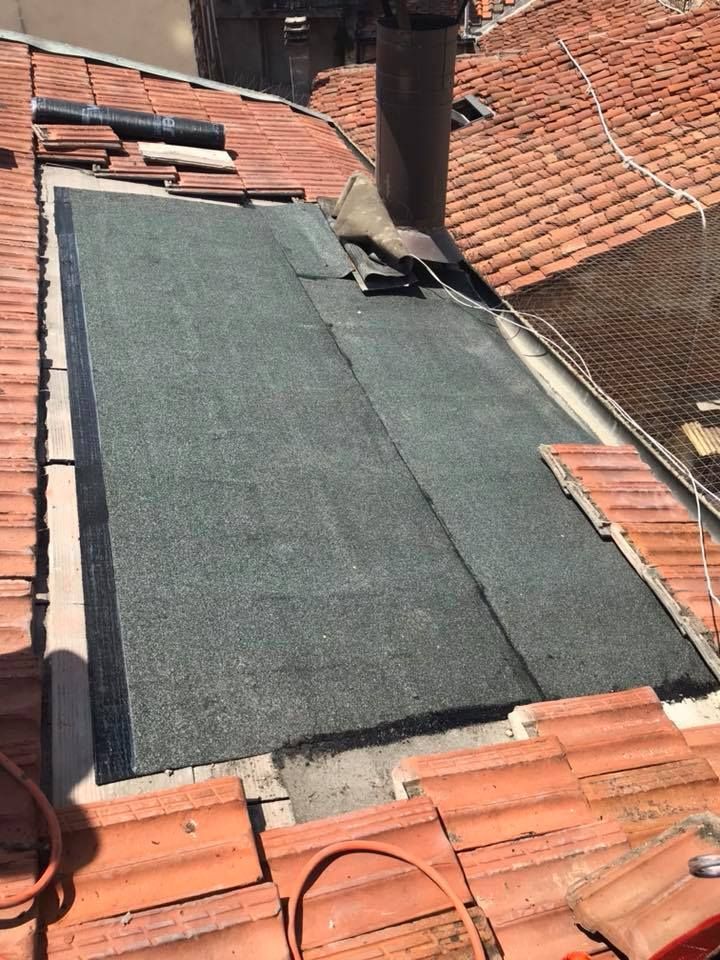 Tetto con tegole rosse, una sezione piana ricoperta di materiale verde scuro e un camino sullo sfondo.