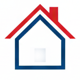 Contorno rosso e blu di una casa, con un camino e un quadrato bianco per finestra.