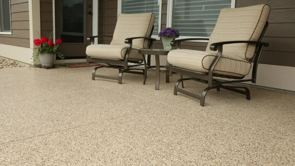 Patio with two beige armchairs, small table, and flower pot on a speckled tan surface.
