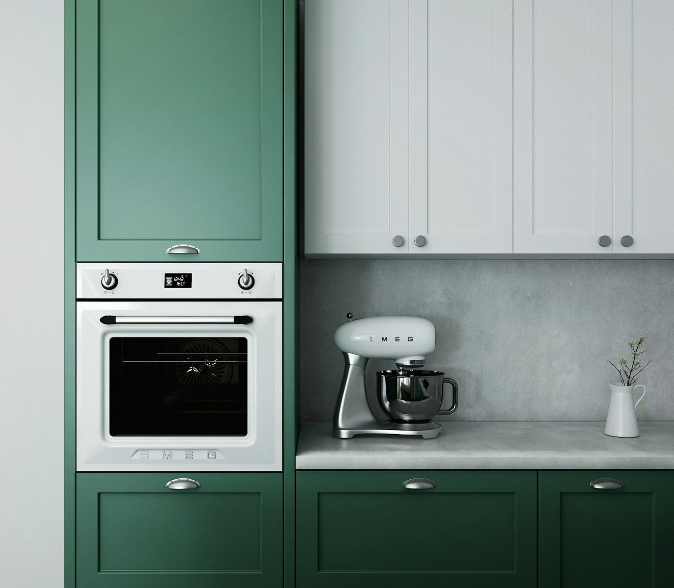 Green and white kitchen with a built-in oven, countertop mixer, and upper cabinets.