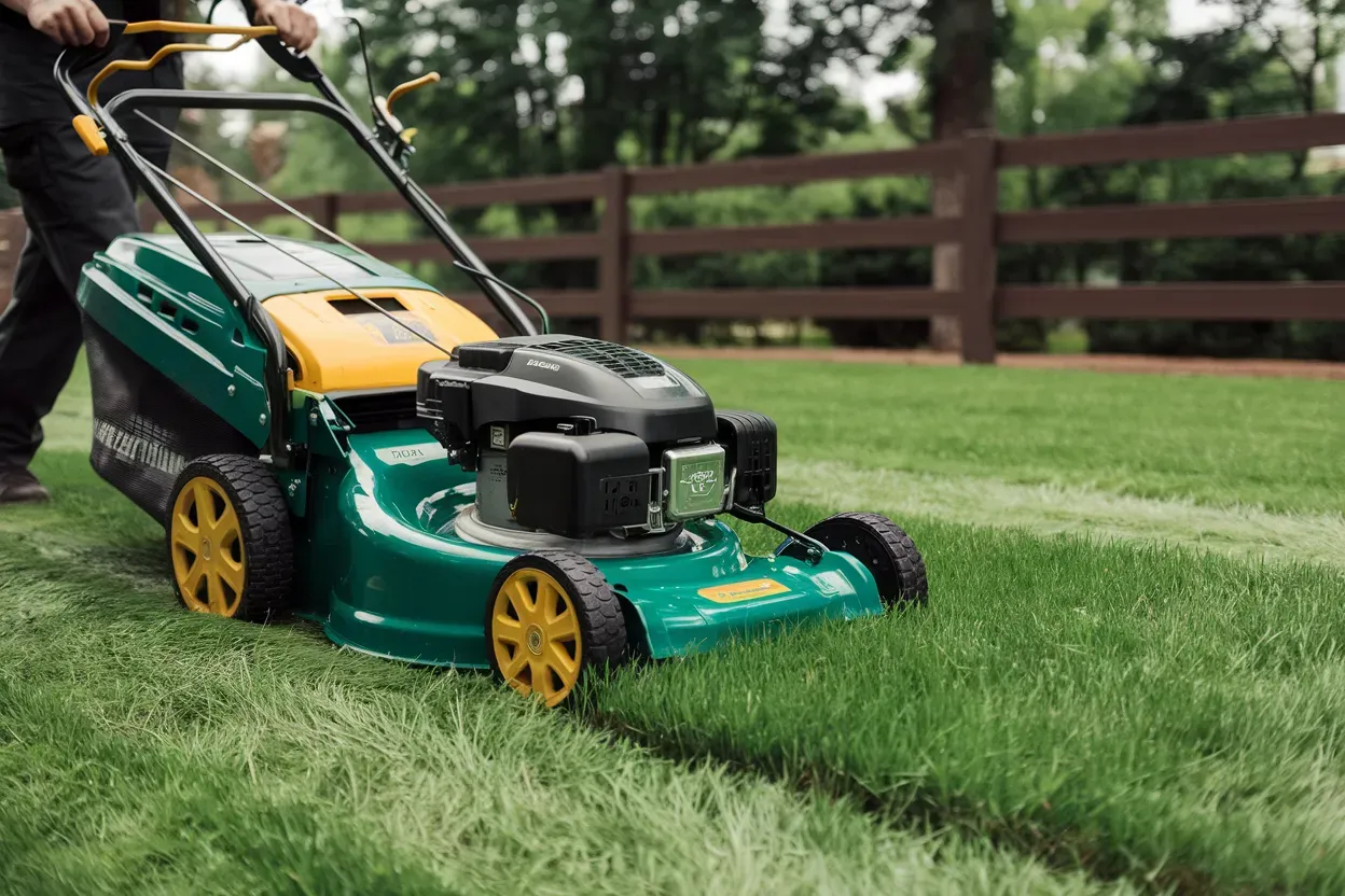 A man is using a green and yellow lawn mower to cut the grass.