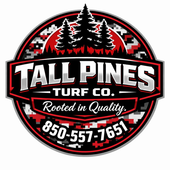 Logo for Tall Pines Turf Co. featuring a pine tree silhouette, red and black camo pattern, and the phone number 850-557-7651.