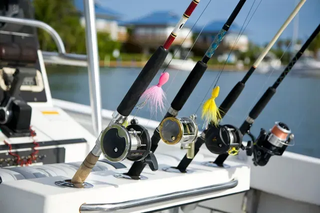 Fishing rods and reels mounted on a boat