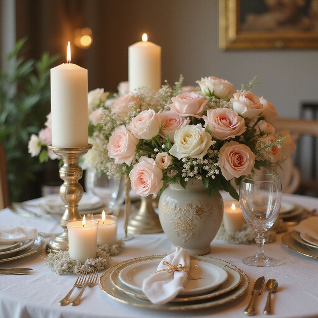 Élégante table à manger dressée avec des fleurs, des bougies et des couverts.