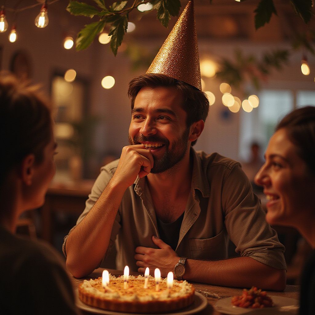 Un homme portant un chapeau de fête sourit à une table où trône un gâteau d'anniversaire illuminé de bougies, deux personnes se tenant de chaque côté.