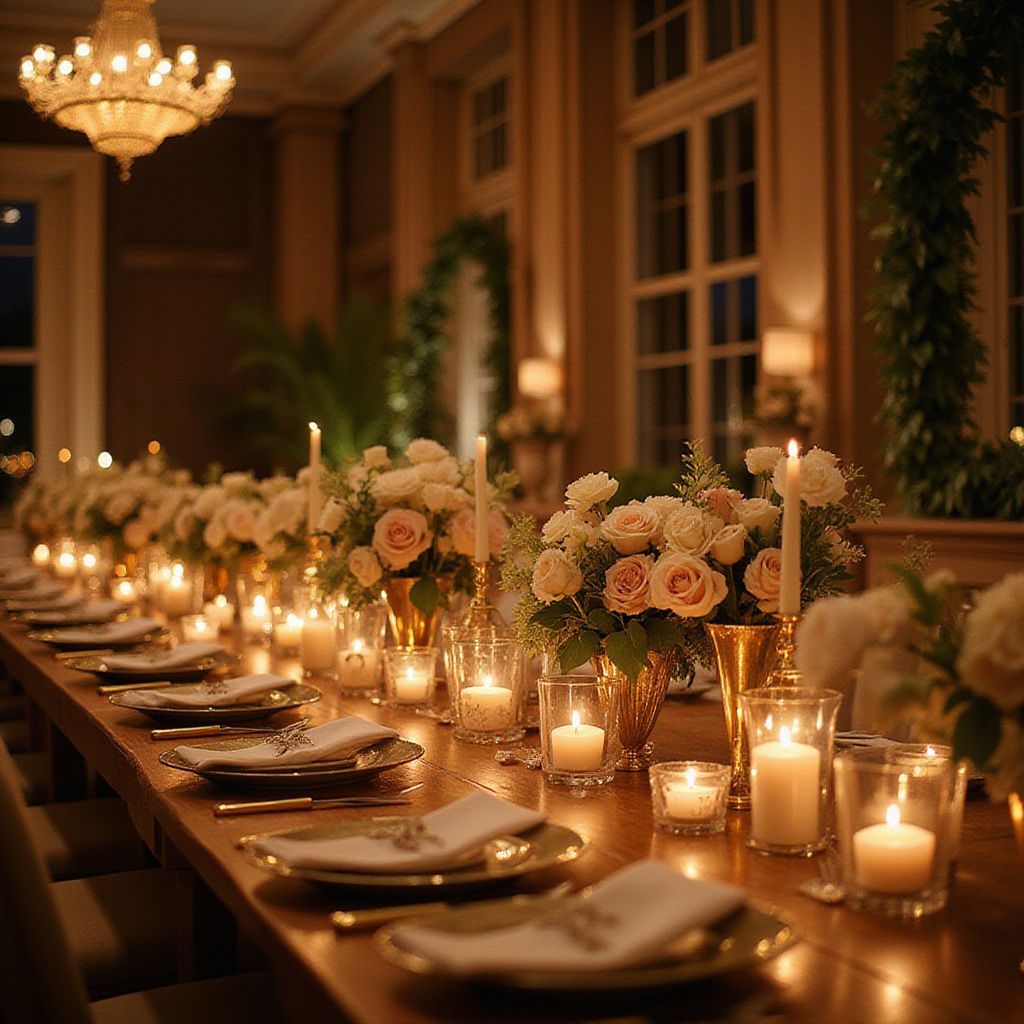 Une longue table à manger dressée pour un événement formel, éclairée par des bougies et un lustre.