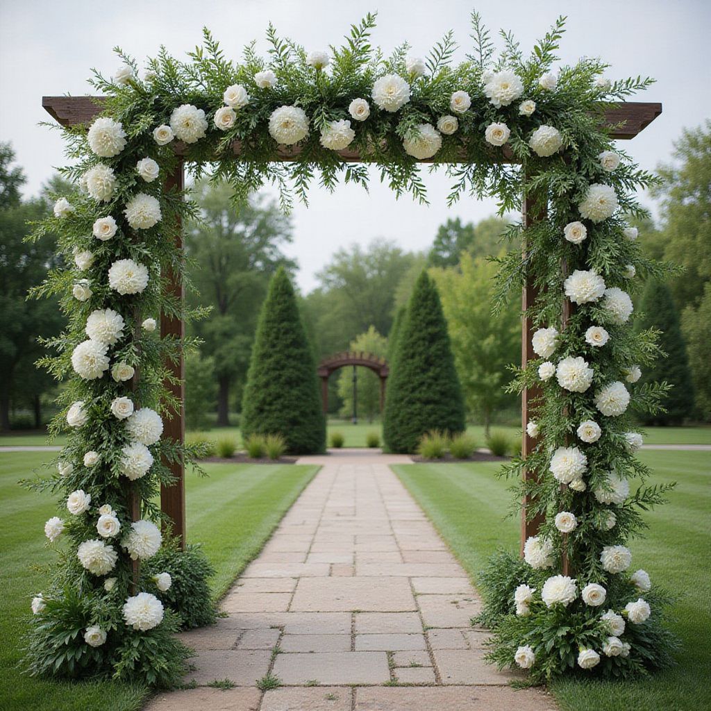 Arche en bois ornée de fleurs blanches et de verdure, chemin menant à des arbres au loin.