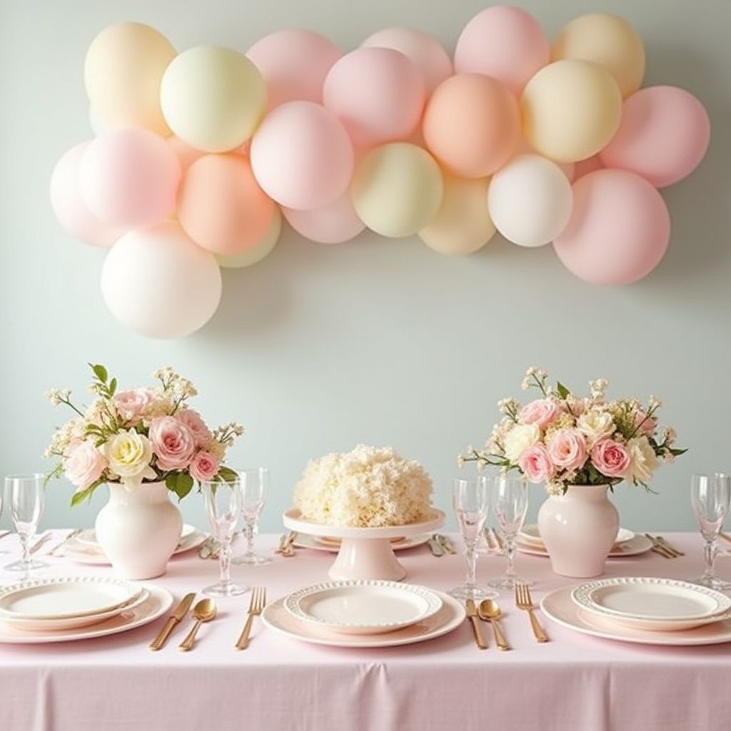 Table dressée avec nappe rose, fleurs, gâteau et ballons pastel.