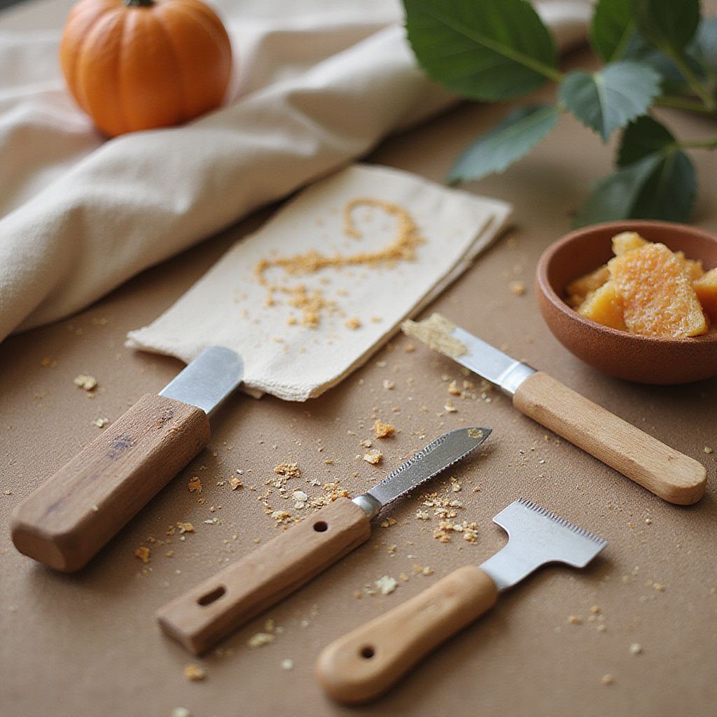 Des couteaux à fromage à manche en bois, une petite citrouille et des miettes sur un torchon.