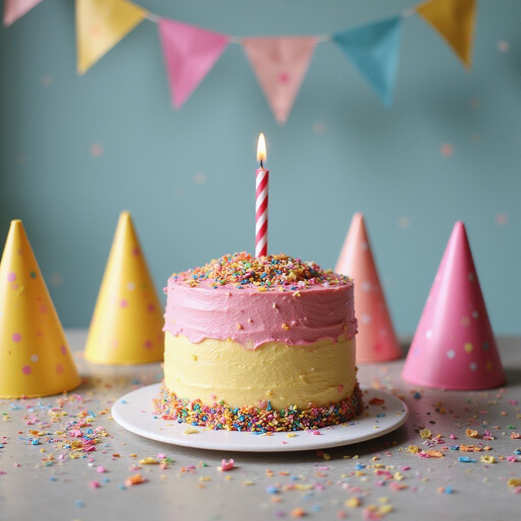 Gâteau d'anniversaire avec une bougie allumée, des confettis et des chapeaux de fête devant un mur bleu orné d'une banderole.