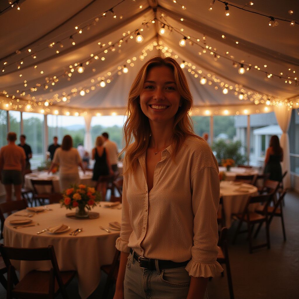 Une femme sourit, debout près de tables dressées pour un événement, sous des guirlandes lumineuses dans une tente.