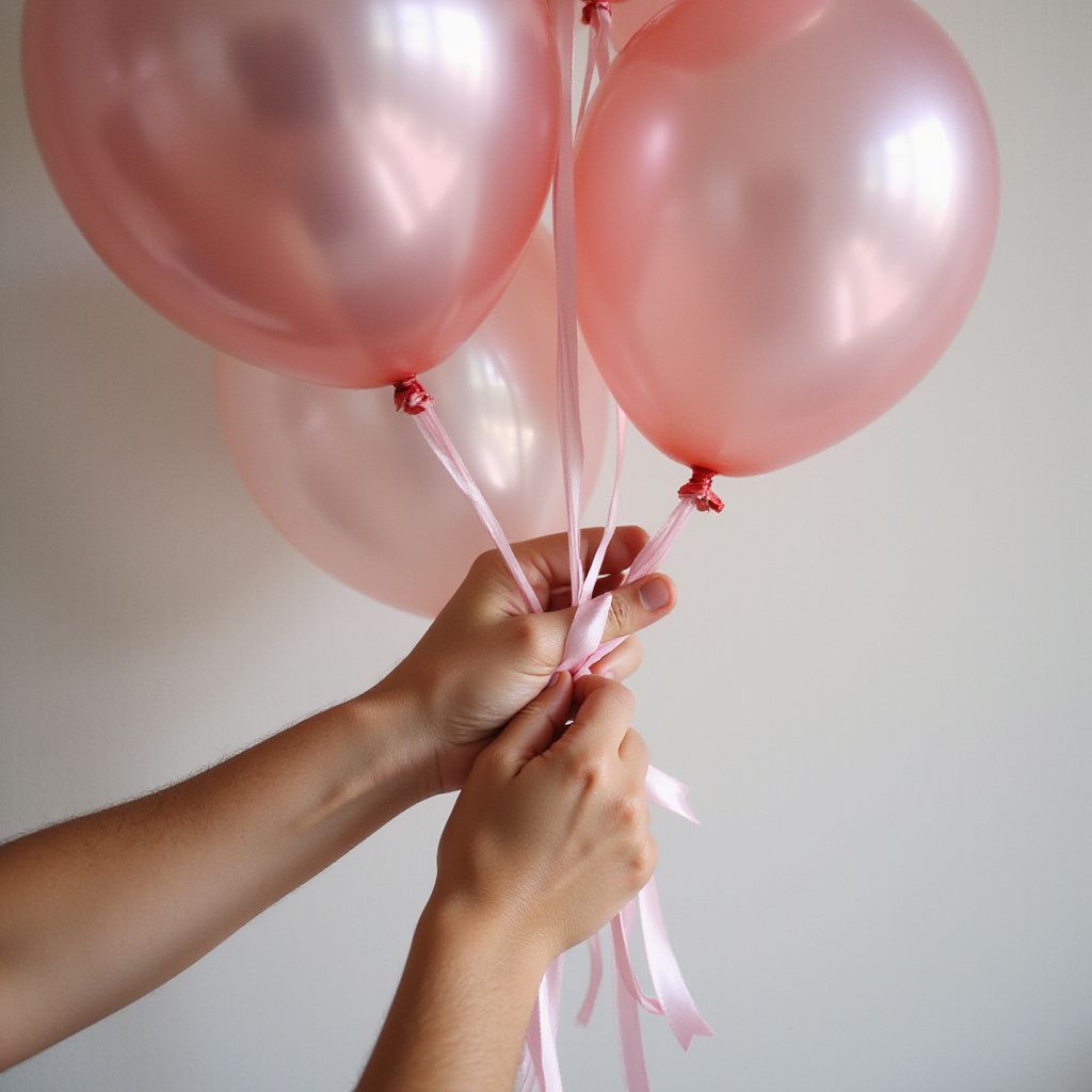 Des mains nouent des rubans roses attachés à des ballons roses.