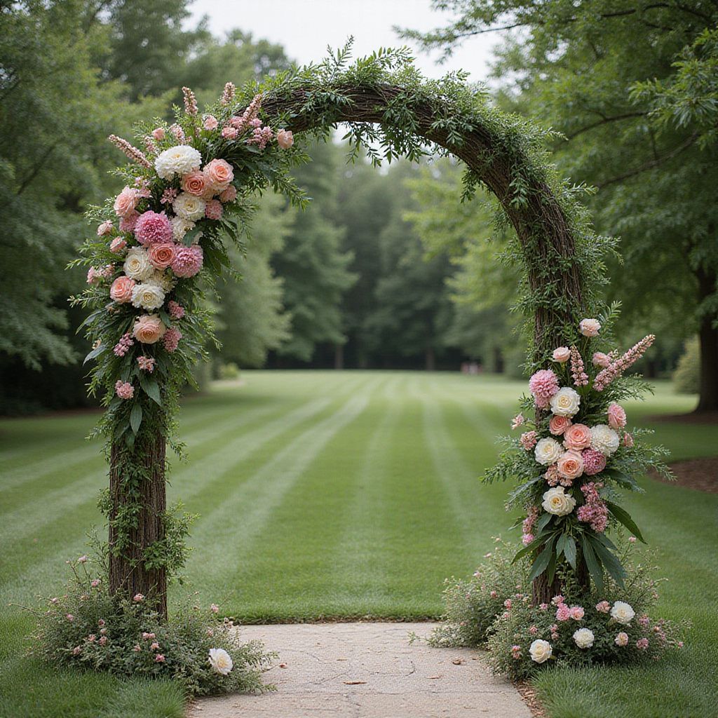 Arche de mariage décorée de fleurs dans un cadre champêtre verdoyant.