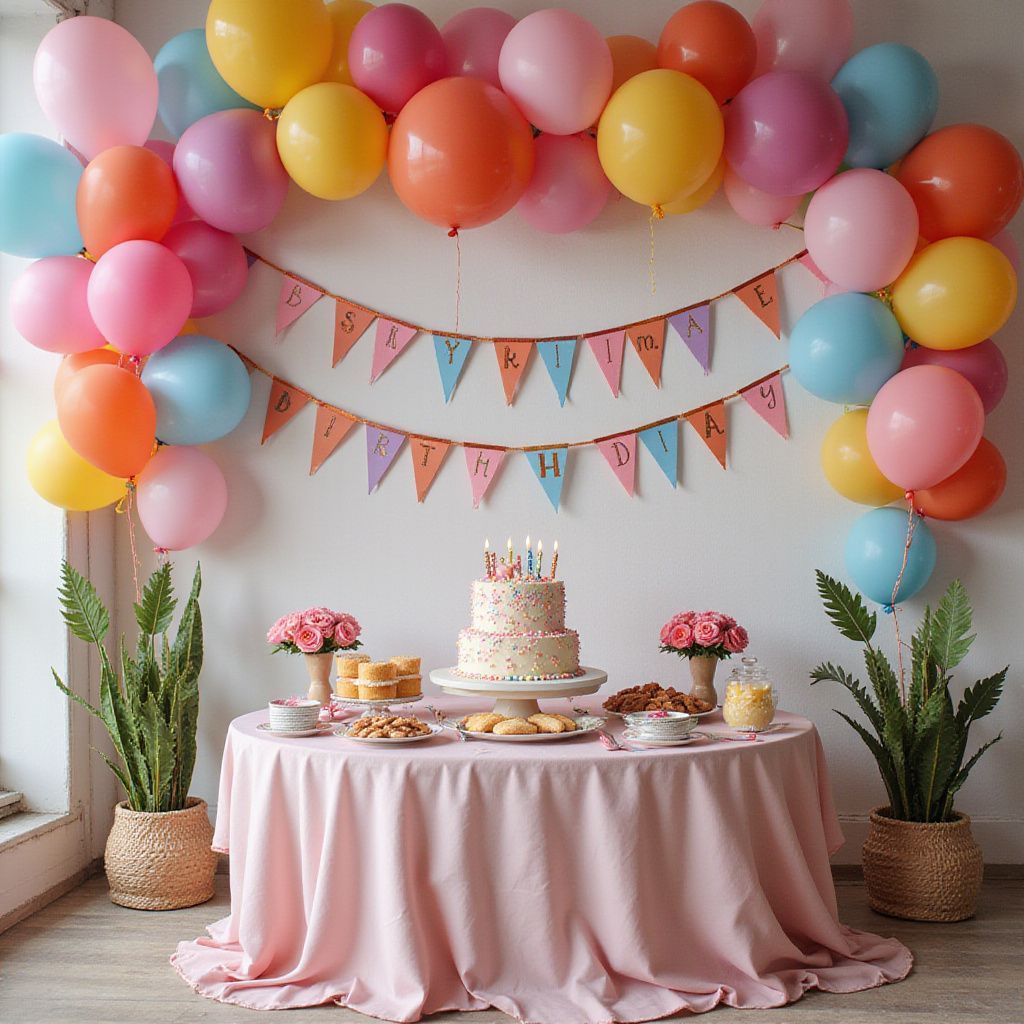 Décoration pour une fête d'anniversaire avec ballons, gâteau, banderole et friandises sur une table rose.