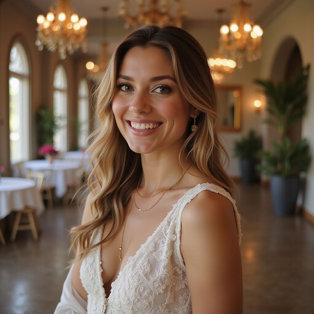 Femme souriante, vêtue d'une robe blanche, à l'intérieur d'un décor avec des lustres et des tables.