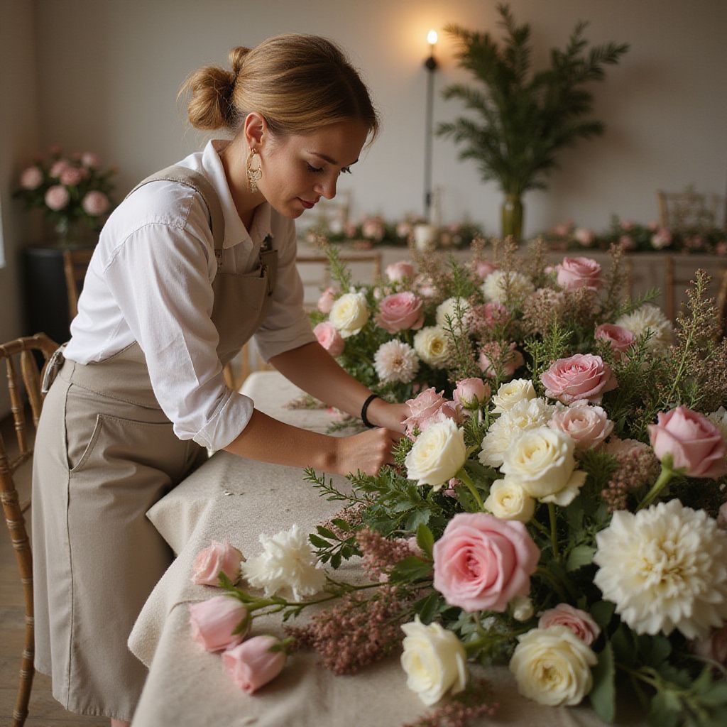 Femme disposant des fleurs sur une table, fleurs rose pâle et blanches, tablier aux tons neutres, décor intérieur.