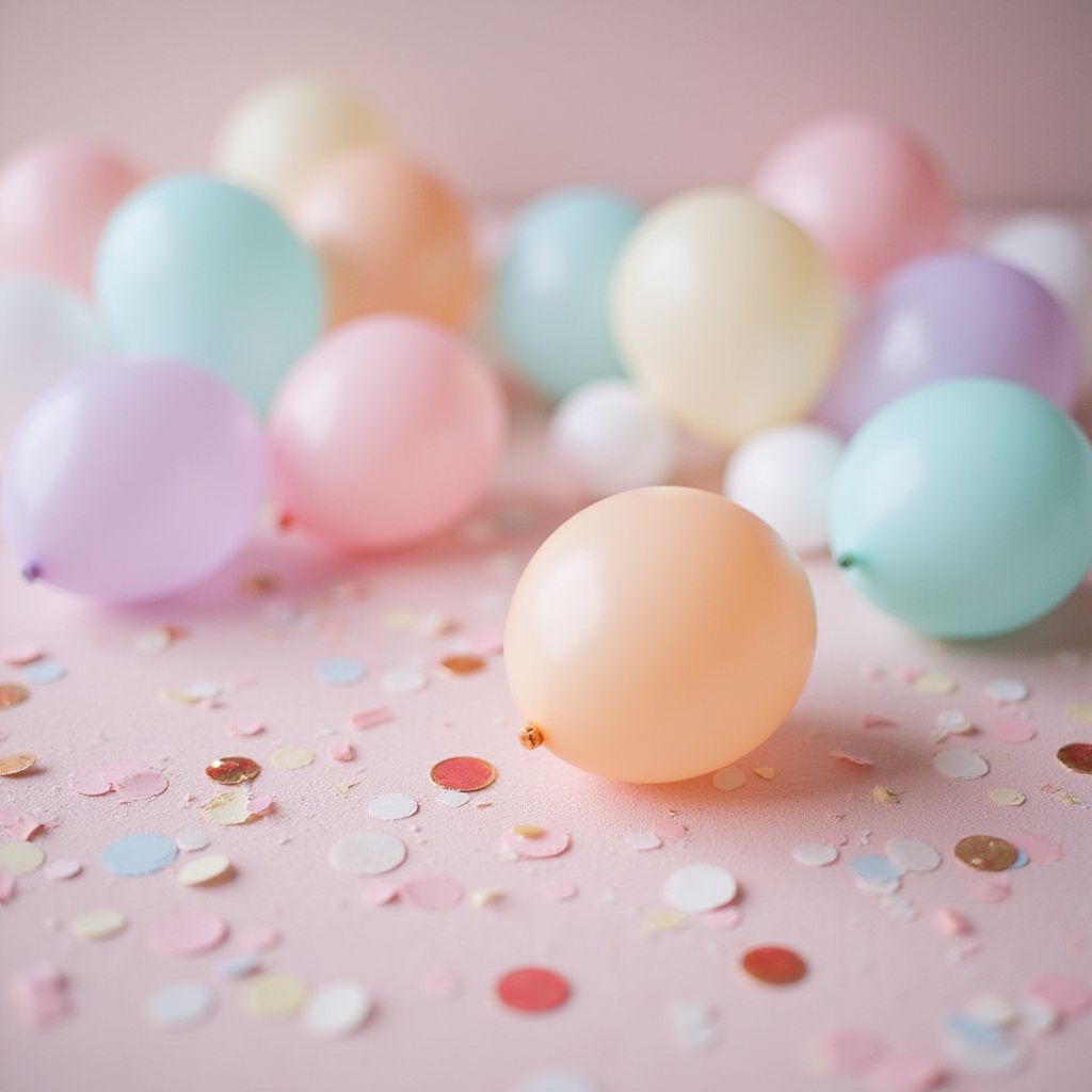 Petits ballons pastel et confettis sur une surface rose.