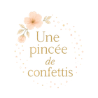 Logo with peach flowers and gold text: 