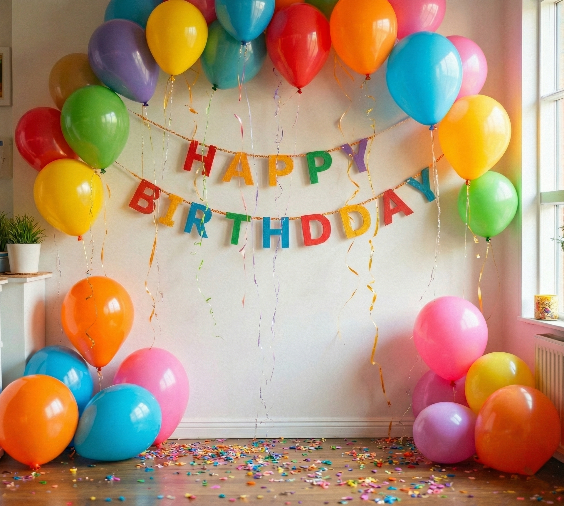 Des ballons colorés et une banderole « Joyeux anniversaire » décorent un mur blanc pour une fête. Des confettis jonchent le sol.