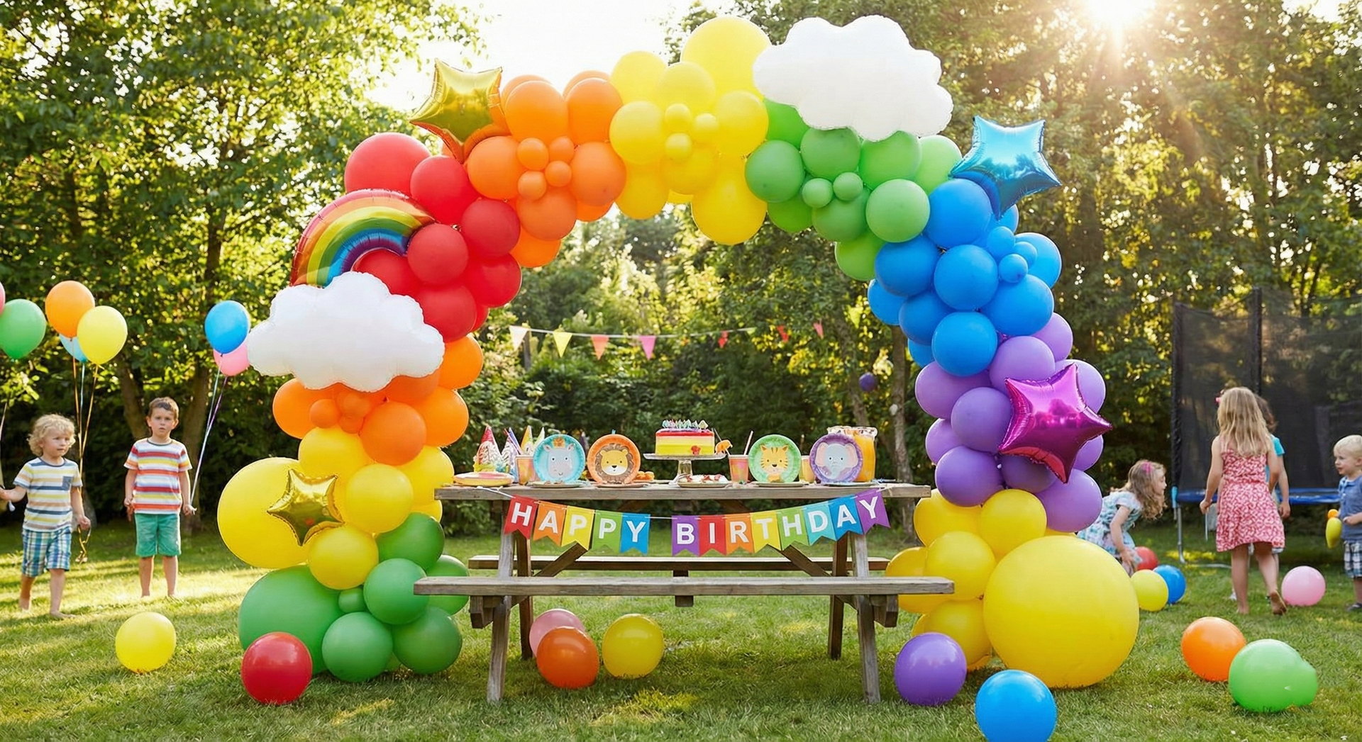 Fête d'anniversaire sur le thème de l'arc-en-ciel avec une arche de ballons, une table de pique-nique, un gâteau et des enfants qui jouent dehors.
