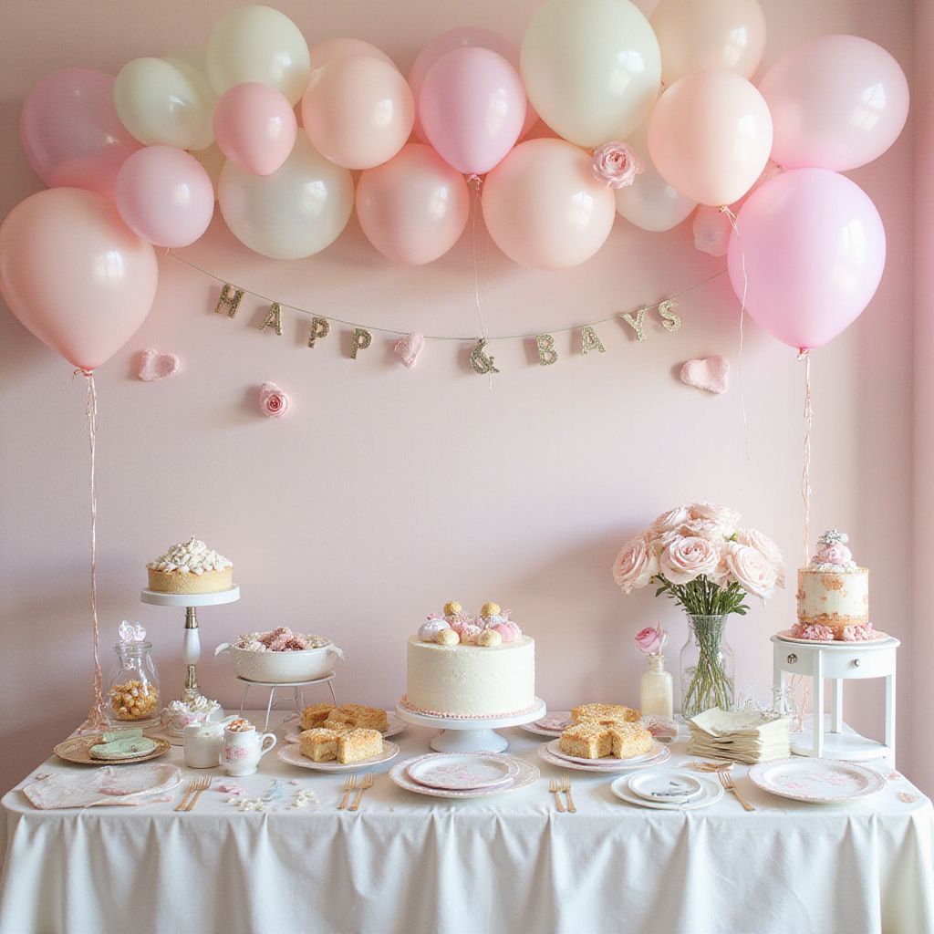 Table de fête rose avec gâteaux, ballons et banderole « Happy & Bats ».