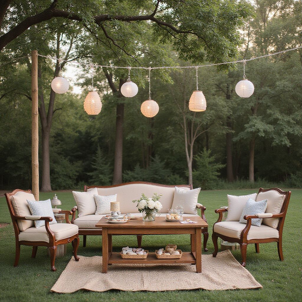 Un coin salon extérieur avec lanternes, canapé, chaises, tapis et table basse aménagé dans une cour gazonnée.