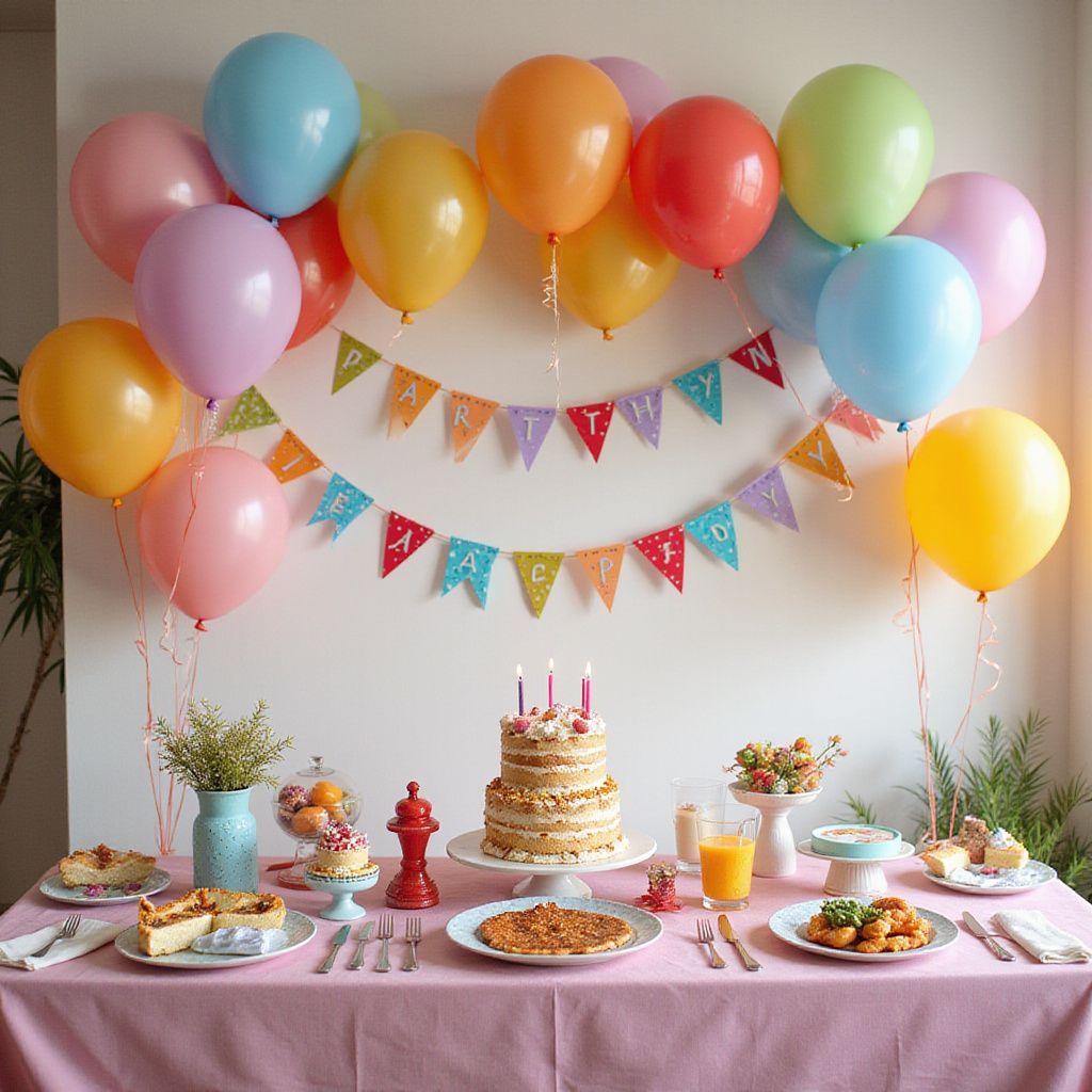 Scène de fête d'anniversaire avec ballons, banderole, gâteau et nourriture sur une nappe rose.