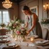 Une femme arrange des fleurs sur une table dressée pour un événement formel.