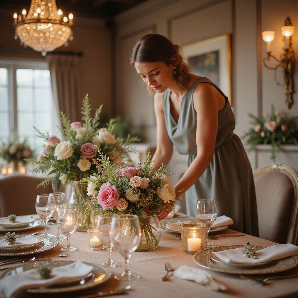 Une femme arrange des fleurs sur une table dressée pour un événement formel.