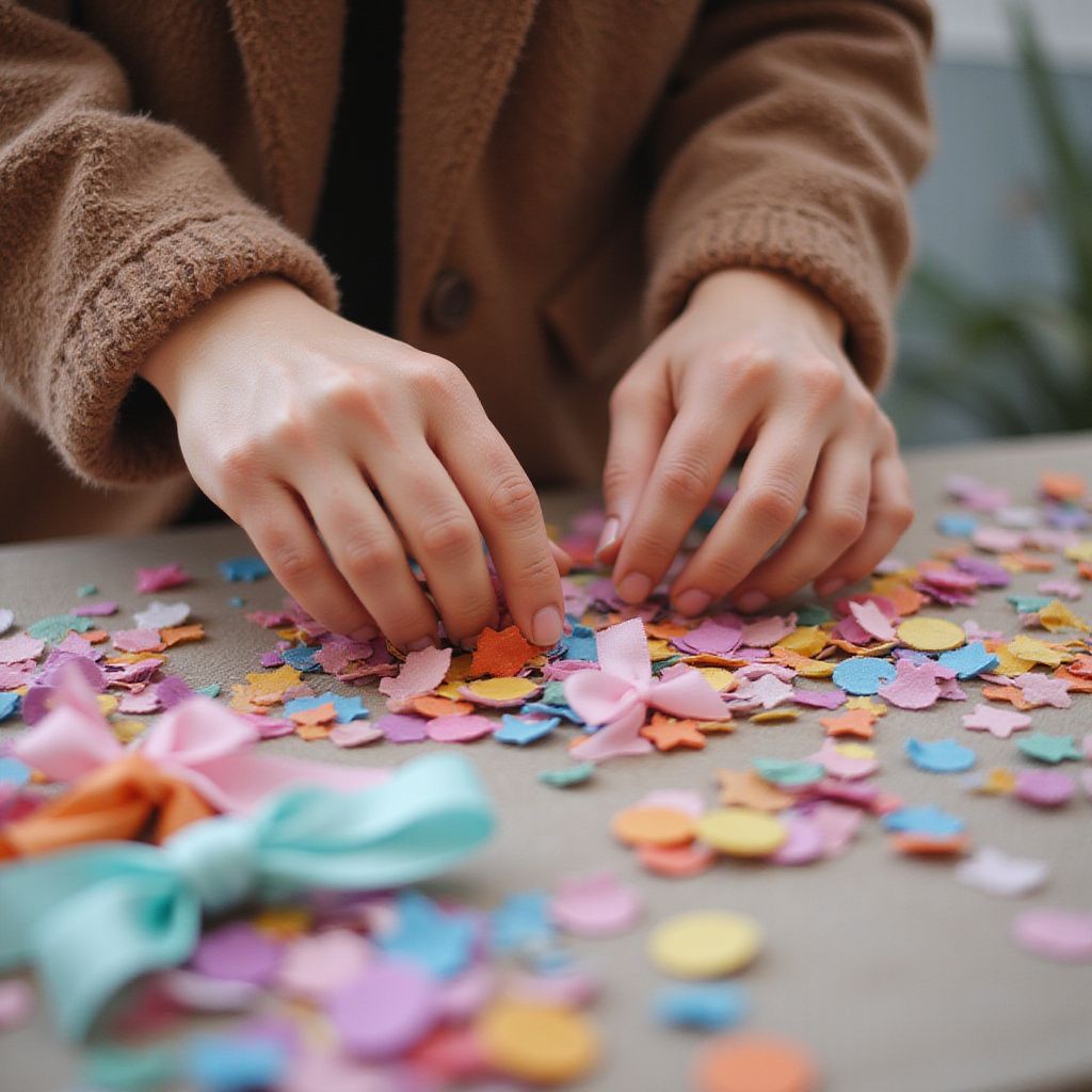 Des mains trient des confettis colorés sur une table, une personne portant un manteau marron.