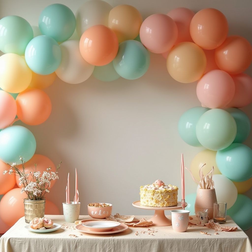 Table de fête avec ballons pastel et gâteau.