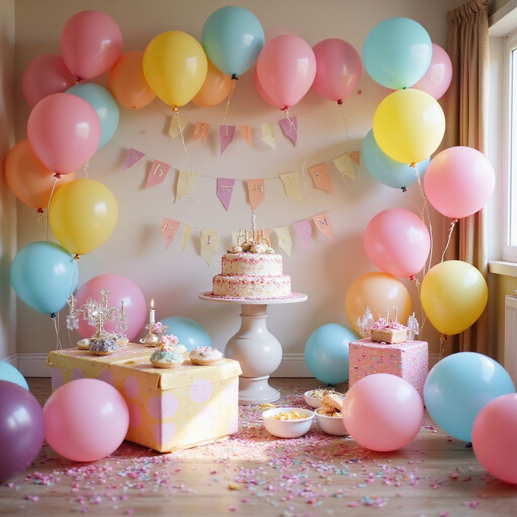 Scène de fête d'anniversaire avec des ballons aux couleurs pastel, un gâteau et des confettis.