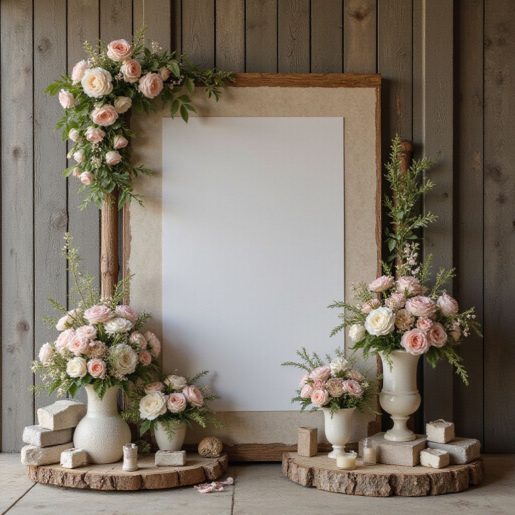 Un arrangement floral encadre une planche vierge, posée sur des rondelles de bois contre un mur en bois ; des fleurs rose pâle et blanches.