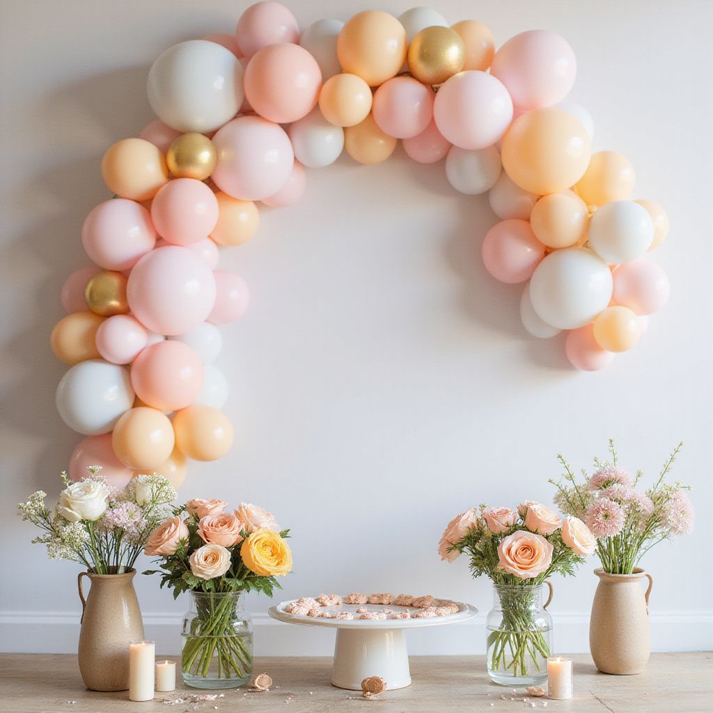 Arche de ballons roses, pêche, dorés et blancs. Compositions florales et table de desserts disposées devant un mur blanc.