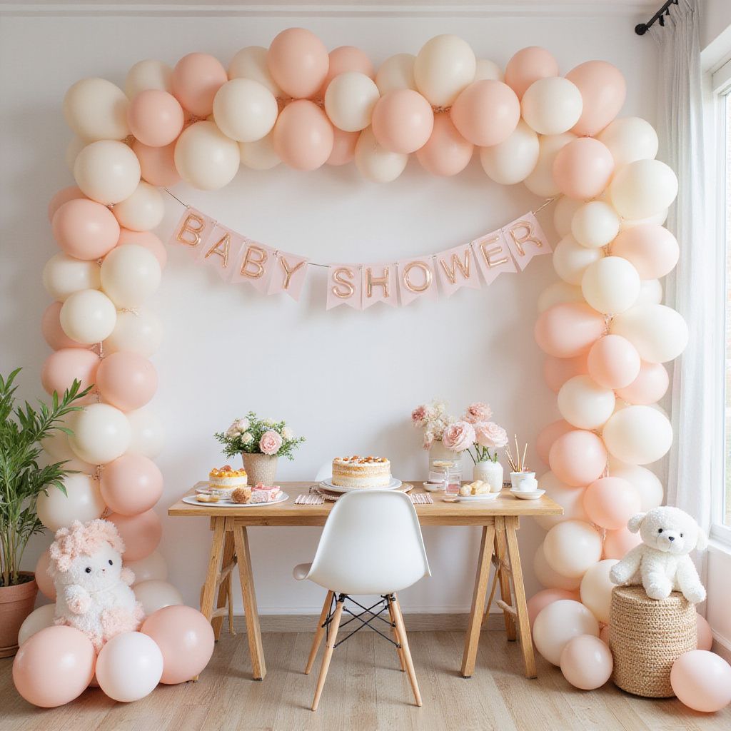 Décoration pour une fête prénatale avec ballons roses et blancs, banderole, table, gâteau et décorations.